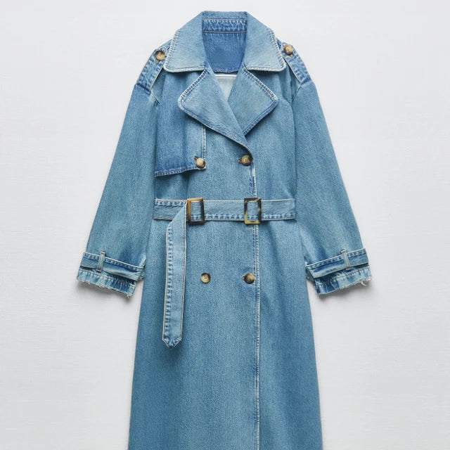 Long Women's Trench Coat with Belt | Blue
