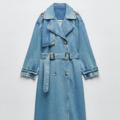 Long Women's Trench Coat with Belt | Blue