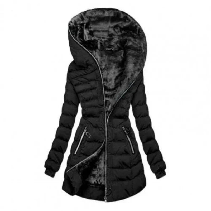 Women's Padded Long Zip Hooded Jacket | Warm